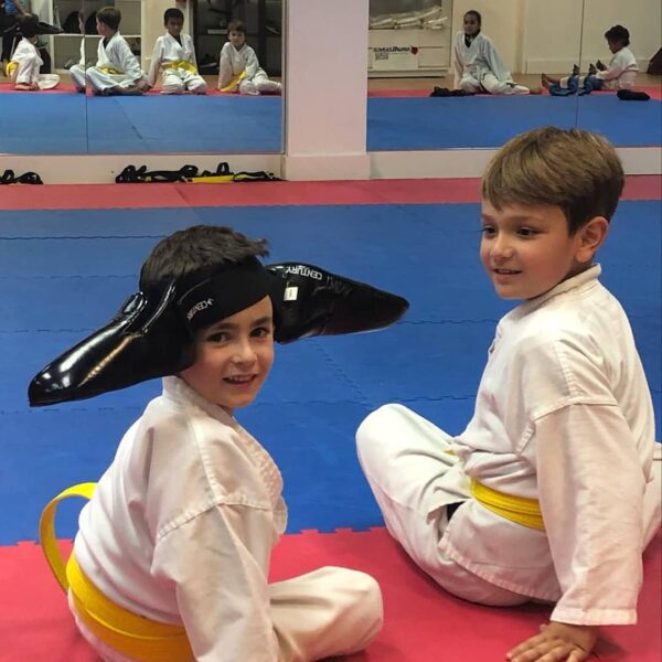 Samuel found a creative way to wear Sensei's @alexandertimeoutkarate boot gear....while Lolo enjoys the view. We must never forget that in addition to many positive aspects of martial arts learning, kid